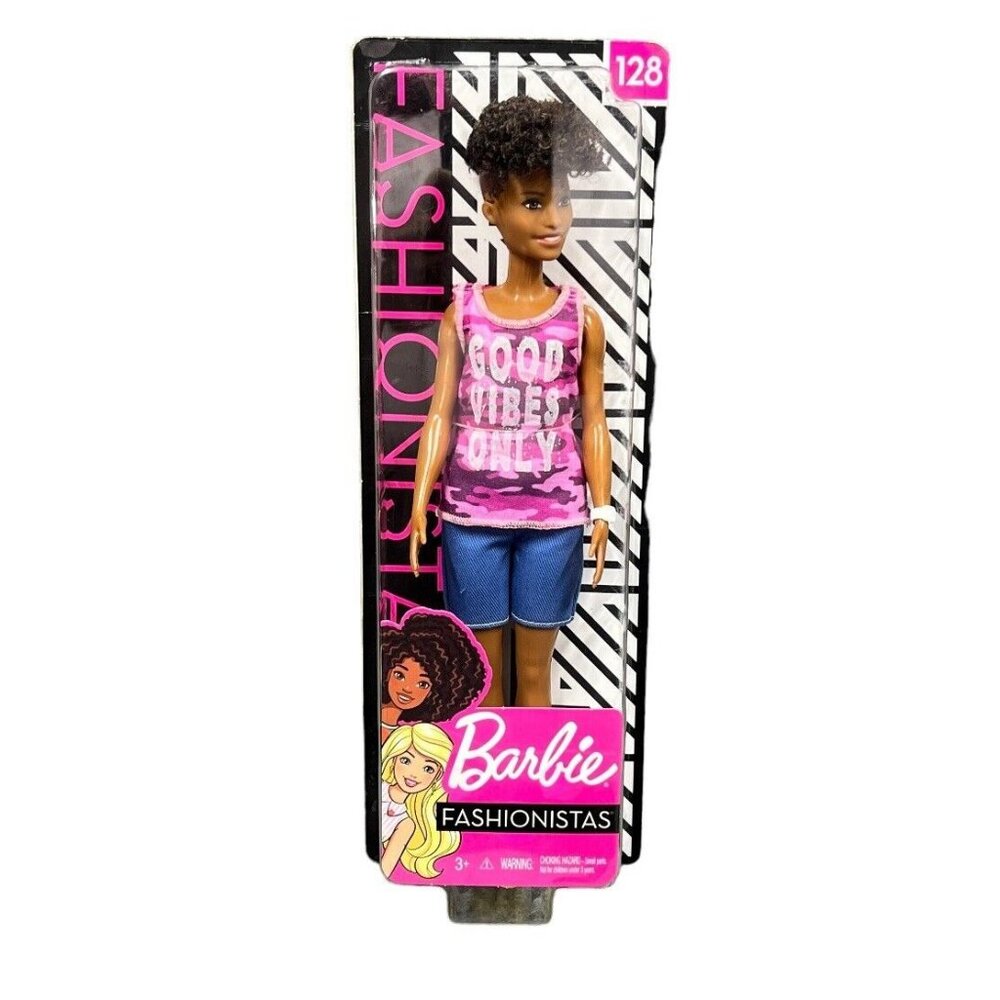 Barbie Fashionistas Doll #128 Short Curly Hair Pink Camo Good Vibes Only Top NEW